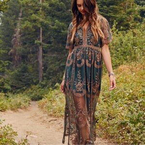 Altar'd State Forest Green Embroidered Maxi Dress